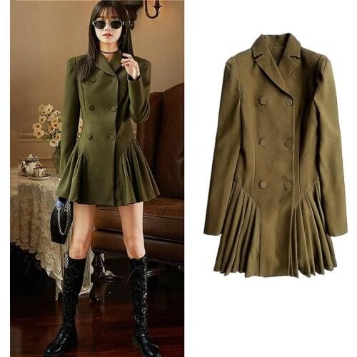 Fashion High Street Style Autumn Woman Dress Double-breasted Full Sleeve Slim A-line Pleated Dress Women Clothes Vestidos SL035