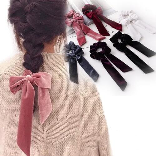 2020 Fashion Velvet Bow Scrunchies Women Girls Solid Ribbon Headband Elastic Hair Bands Knotted Ponytail Holder Hair Accessories