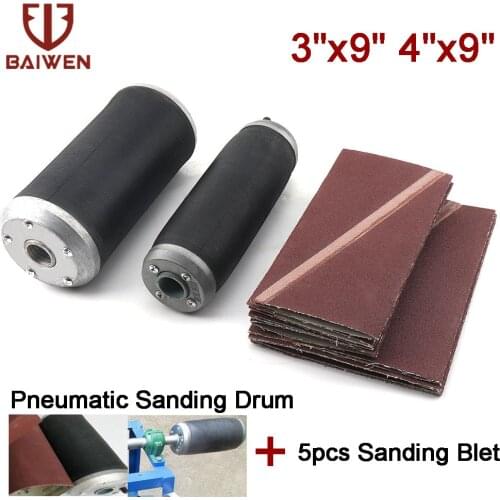3"x9" 4"x9" Rubber Sleeve Tube Pneumatic Sanding Drum + 5pcs Sanding Belt For Polishing Wood Workpiece Surface Processing