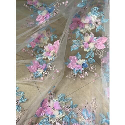 5yards 3D flowers embroidered tulle lace fabric with beads SYJ-766811 embroidered lace fabric beaded tulle lace fabric