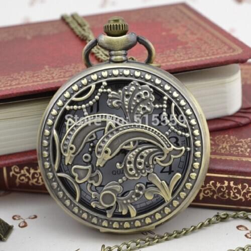 50pcs/lot Bronze Hollow Fish Pocket Watch High Quality Watch Necklace Gift Watch Factory Price Wholesale