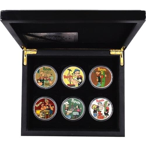 6pcs Popeye Gold Plated Coin with Wooden Box Challenge Coin Home Decor Collection Holiday Gift Art Ornament