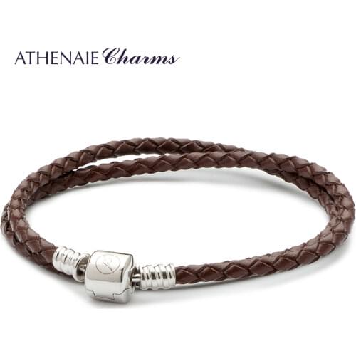 ATHENAIE Brown Double Braided Leather 925 Sterling Silver Snap Clasp Bracelet Size 13.39inch Fit All European Bead