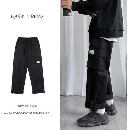 Trendy Mens Cargo Pants Men Multi Pocket Casual Loose Straight leg Pants Solid Creative Buckle Trousers Men Clothing Streetwear