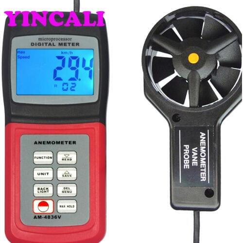 Fast Shipping Digital Anemometer AM-4836V Wind Speed Tester Air Velocity Flow Temperature Measuring Meter Memory 24 Groups Data