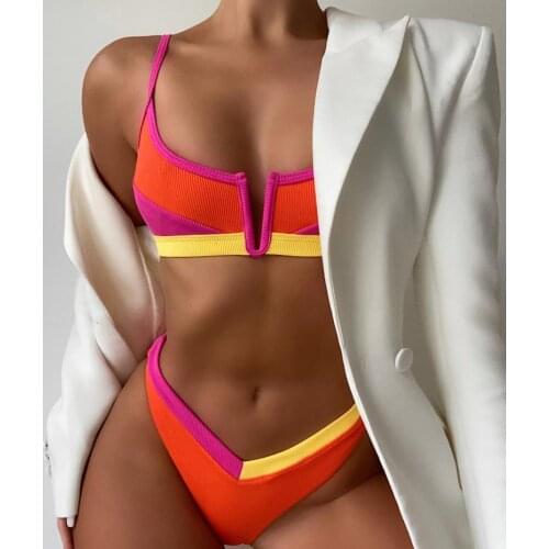 Yiiciovy Summer Two-Piece Women Sexy Patchwork Bikini Sets Bathing Suit Lady Fashion Spaghetti Strap V-neck Bikini Set Swimsuit