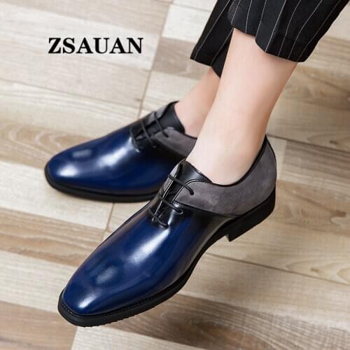 Splicing PU Leather Men Oxford Shoes ZSAUAN Unique New Design Men Dress Shoes Italian Blue Black Men Party Wedding Shoes