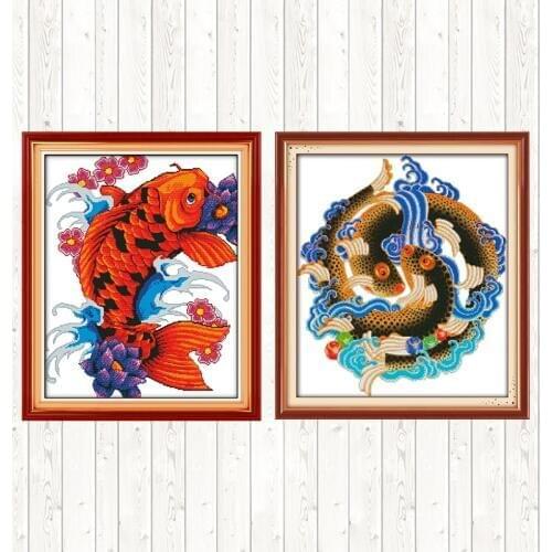 Colorful Auspicious Fish Cross Stitch Kit DMC Cotton Thread Printed Canvas 14CT 11CT Counted and Stamped DIY Needlework Crafts