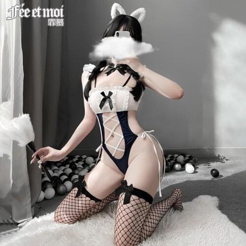 New Sexy Maid Cosplay Costumes Bodysuit Blue White Kawaii Maids Lingerie Set Erotic Lace Outfit SM Porno Suit Women Underwear
