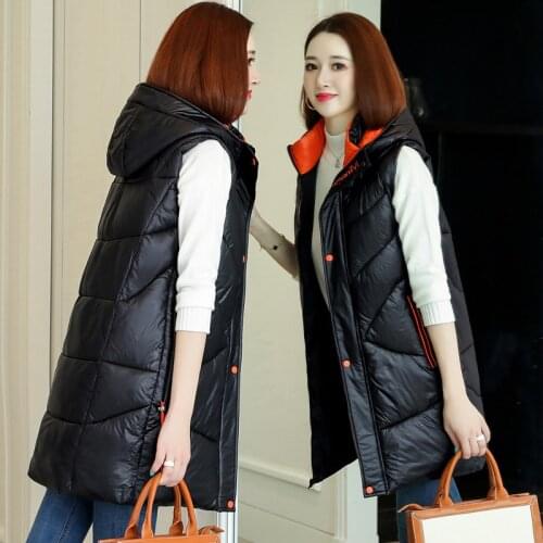 New Down Cotton Vest Womens Autumn Winter 2020 Mid-Length Padded Jacket Waistcoat Female Slim Warm Jacket Zipper Hooded Q379