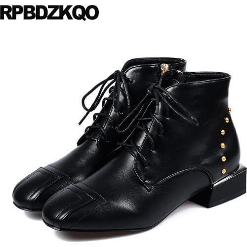 Shoes Lace Up Waterproof Fur Winter Boots Women Square Toe Stud Autumn Chunky Ankle Booties Vintage Black Fashion Ladies Chinese