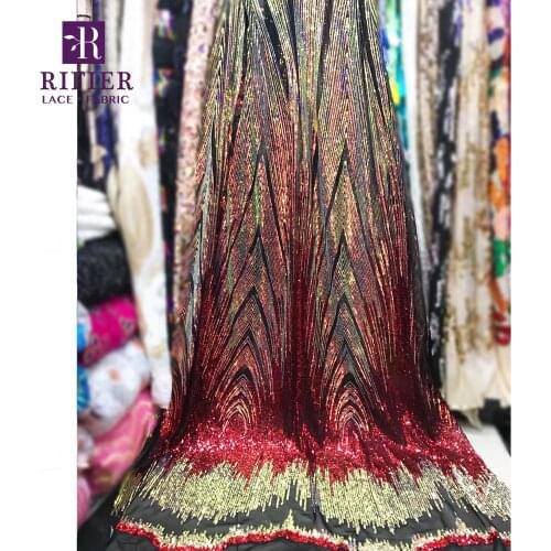Dazzling Design 2019 French Indian Sequined Lace Fabric Gold And Red Sequins Embroidered Wedding Party Dress Net Sewing Material