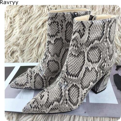 Sexy Gray Snakeskin Woman Short Boots 2018 Autumn Winter Fashion Female Ankle Boots Zipper Pointed Toe Square Heel Women Shoes