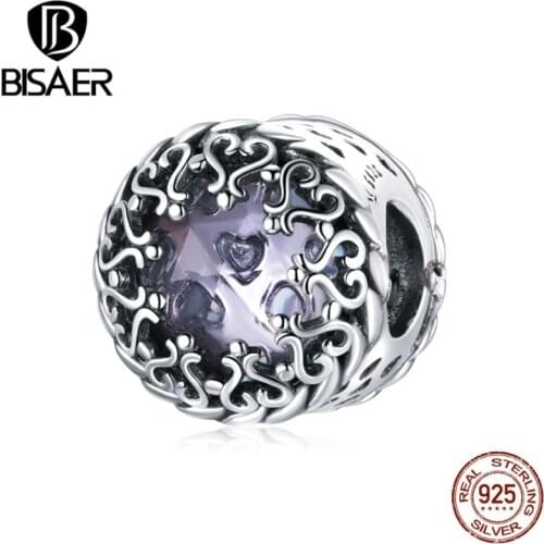 Bisaer New 925 Sterling Silver Vintage Purple Beads Zircon Charm Fit Original Bracelet Pendant Wedding Silver Jewelry ECC1791