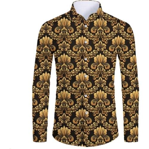 IFPD EU Size Baroque Style Luxury Men Shirt Royal Golden Flower 3D Print Button Shirts Summer Long Sleeve Hawaiian Shirt Homme