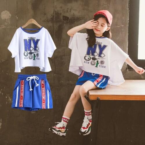 Tracksuit For Girl 2021 Summer Children letter Bat sleeve Top + Shorts 6 8 10 12 14 Years sportswear Set Thanksgiving Outfits