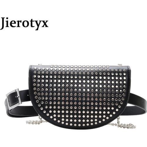 JIEROTYX Fashion Rivets Belt Bag PU Leather Crossbody Bags Women Chain Shoulder Messenger Bag Women Waist Pack Lady Phone Purse