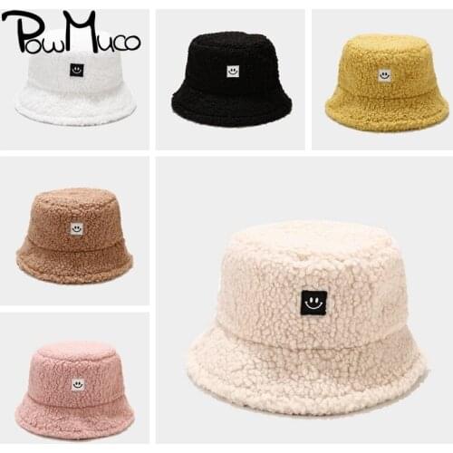 Powmuco Unisex Teddy Velvet Smiling Face Bucket Hats Vintage Autumn and Winter Keep Warm Caps Fisherman Bonnet Women Headwear