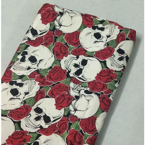 Vintage Punk Cool Thick Stretchable Big Skull Rose Flower Printed Cotton Spandex Fabric 50x105cm Flower Skull Fabric Patchwork E