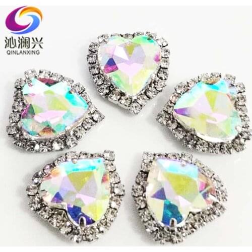 Factory sales AB color heart shape high-quality Crystal glass buckle,silver base sew on rhinestones Diy/jewelry accessories