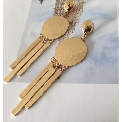 Trendy Gold Color Hammered Disc with Stick Hanging Geometric Drop Earrings For Women Girl Simple Long Earrings Gift