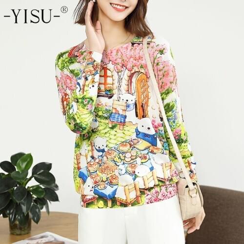 YISU Women Fashion Fun Printed Sweater Women O neck Long sleeve Jumper Cartoon bear pattern Printed pullover Knitted sweaters