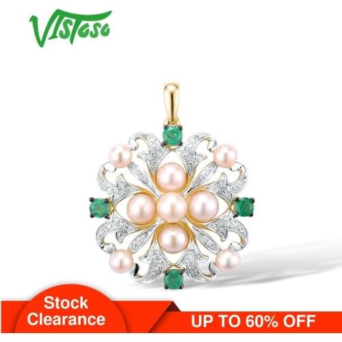 VISTOSO Gold Pendants For Women Pure 14K 585 Yellow Gold Pendant Round Fresh Water Pearl Natural Emerald Wedding Fine Jewelry