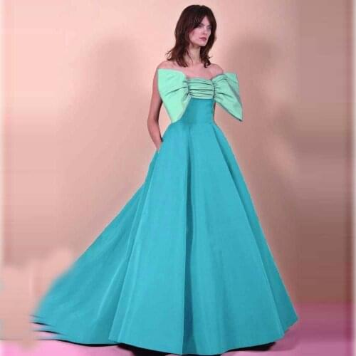 Blue Simple Casual Women Dress A-Line Floor Length Bowknot Strapless Ball Gown Party Dress Plus Size Evening Dress Custom Made