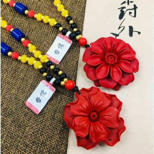 Zheru natural cinnabar carved red beauty flower pendant with red bead necklace exquisite men and women sweater chain