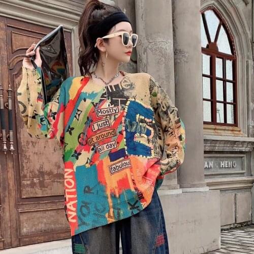 21843 Vintage Street Style Autumn Alphabet Graffiti Sequins Full Sleeve Knitted Pullover Korea Fashion Casual Loose Thin Sweater