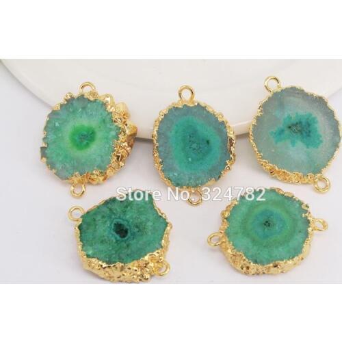5pcs Small Size Gold Metal Green Sun Flower shape Stone Slice Connectors Beads,Charm Gem stone For Making Jewelry