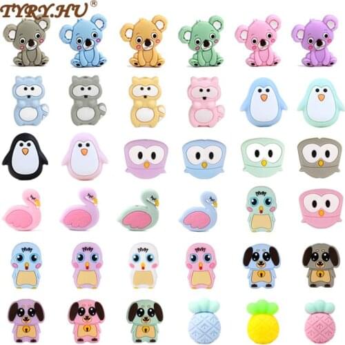 TYRY.HU 5pcs Food Grade Baby Teether Beads Mini Fox Penguin Raccoon Elephant Koala Pearl Silicone Beads Pacifier Clips Chain DIY