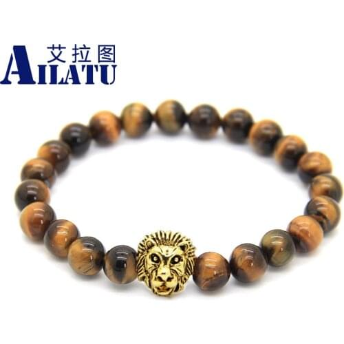 Ailatu 10 Pieces 8mm Natural Tiger Eye Stone Lion Bracelet Round Beads with High Quality Plated Zinc Alloy Metal Jewelry