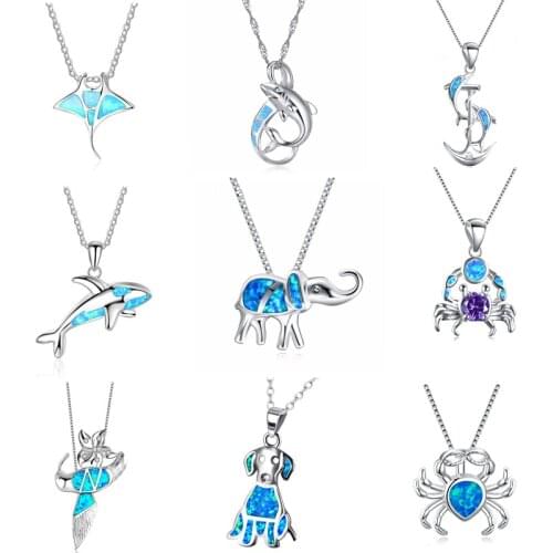 I & FDLK Blue Imitation Opal Stone Choker Necklaces Fashion Dolphin Whale Shark Chain Pendant Necklace for Women Boho Jewelry