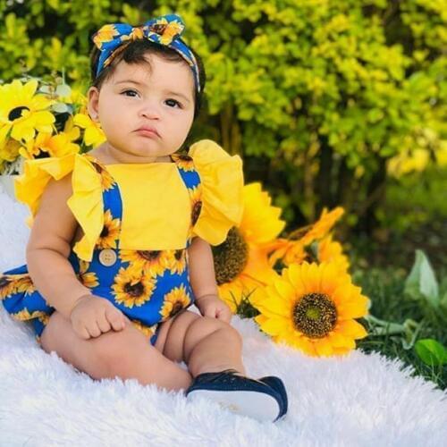 Pudcoco Floral Bodysuit for Newborn Infant Baby Girl Sunflower Short Sleeve Jumpsuit Clothes 2PCS Summer Outfit