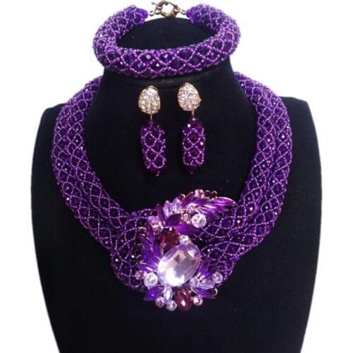Dudo Nigerian Purple Jewelry Set For Women With Big Pin African Jewellery Necklace Set With Bracelet and Earrings Free Shipping