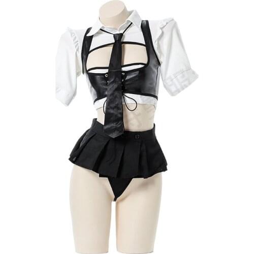 Police Officer Cosplay Costume Policewomen Uniform Sexy Women Pu Leather Tank Super Mini Skirt Dropship