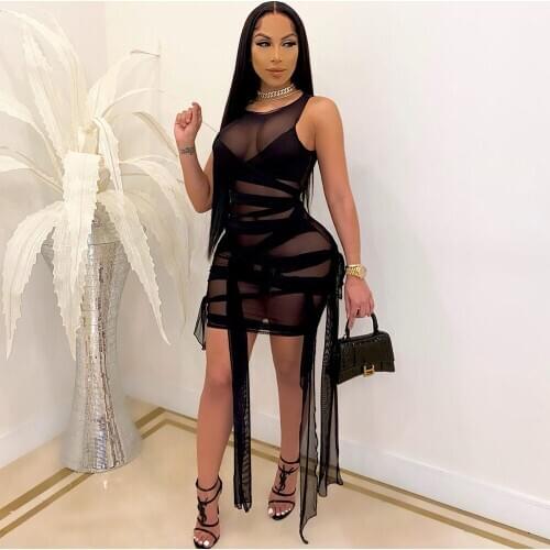 Ribbons See Through Mesh Sheer Bodycon Party Club Dress for Women Sexy Night Out Mini Dress Skinny Sleeveless Bandage Dresses