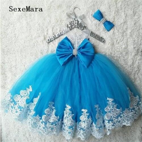 New cute blue toddler girls first birthday dress lace appliques with sparkly rhinestones baby girl celebration gown with bow