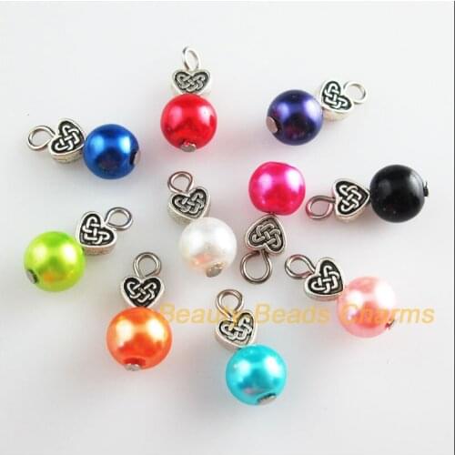 New 20Pcs Heart Tibetan Silver Color Mixed Round Glass Beads Charms Pendants 8x18mm