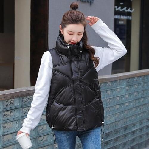 Shinny Winter Puffer Vest Women Solid Turn Down Collar Zipper Quilted Ladies Sleeveless Jacket Loose Korean Style Waistcoat