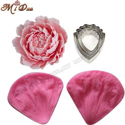 Peony Fondant Sugarcraft Stainless Steel Cutter Peony Petal Silicone Veiner & Cutter Flower Cutter Cake Decorating Moulds