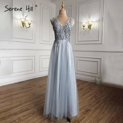 Serene Hill Grey Blue A-Line Sexy Prom Dresses Gowns 2021 Beaded Sleeveless Simple For Women Party LA71257