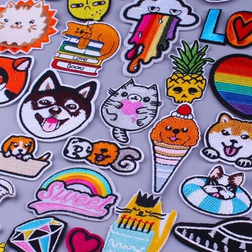 Cute Dog Cat Animals Patch Stripes Embroidered Patches For Clothing Cartoon Unicorn Rainbow Iron On Patches On Clothes For Kids