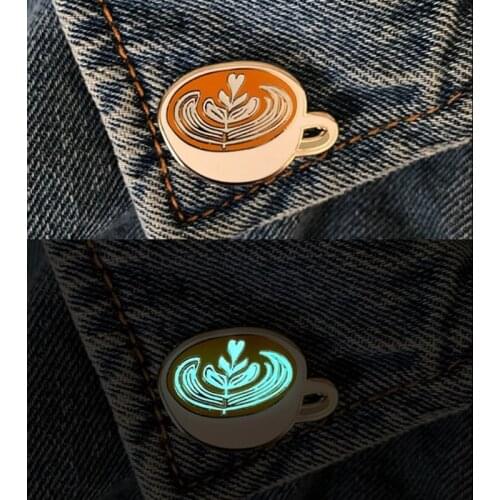 Luminous Coffee Cup Enamel Brooch Pins Glow in the Dark Latte Badge Pins Jewelry T4MD