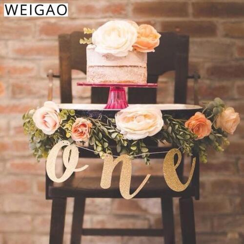 WEIGAO Glitter Gold 1st Birthday Highchair Banner for High Chair Sign Baby First Birthday One Banner Photo Prop Party Decoration