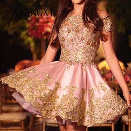 XIANGSHA Pink Homecoming Dresses Lace Appliques A-Line Off The Shoulder Short Sleeves Short Party Dress Homecoming Dress Vestido