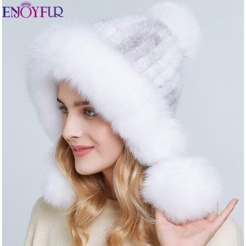 ENJOYFUR women winter real mink fur hats fluffy natural fox fur pompom ear protect caps hand sewn knitted fashion female fur hat