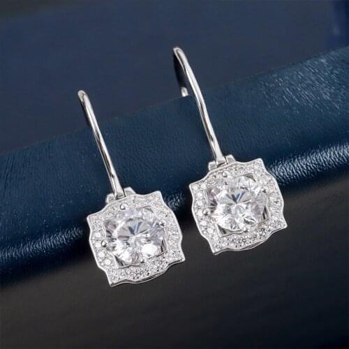 Pure 925 sterling silver new hot brand top quality ladies square ear hook flower engagement wedding luxury pop earrings jewelry
