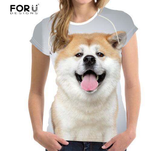 FORUDESIGNS Cute 3D Dog Japanese Akita Print Women Summer T Shirts Harajuku Streetwear Teen Girls Tee Clothing Short Sleeve Tops